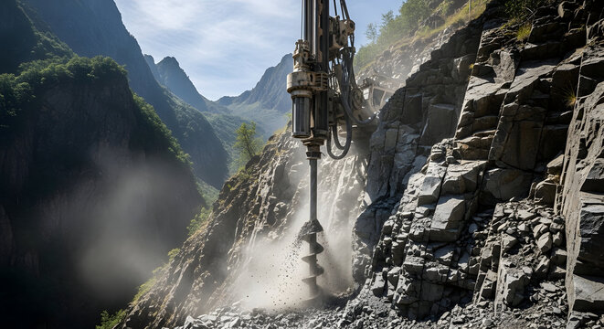 Heavy machinery drills into a rocky mountainside creating dust