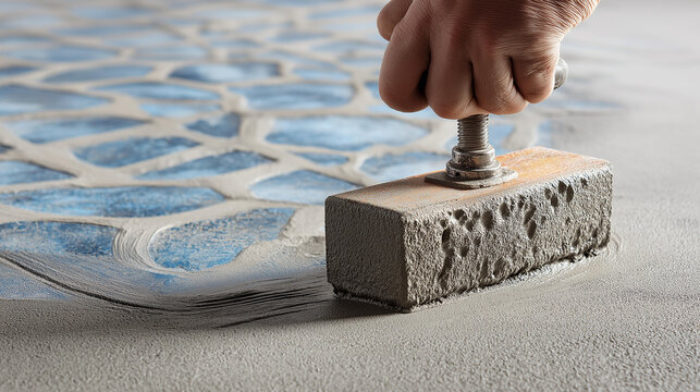 Concrete stamping tool pressing a flagstone pattern into a fresh wet concrete floor surface on a construction site
