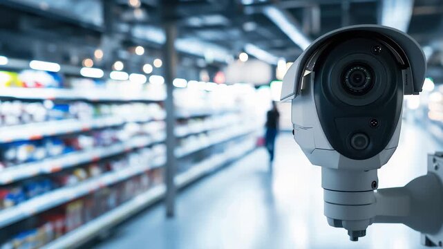 Multiangle CCTV shot monitors grocery store aisle with shelves stocked with products during daytime