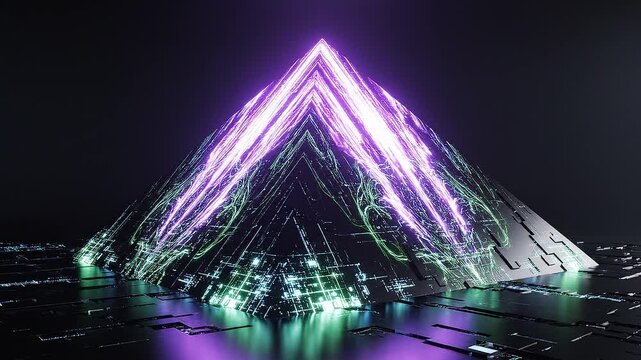 A futuristic green and blue pyramid structure on a dark reflective surface