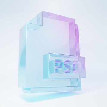 Frosted glass PSD file document. Download psd button icon isolated on white background. PSD file symbol. Minimalism concept. 3D render illustration