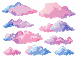 Watercolor clouds in shades of pink purple and blue against white