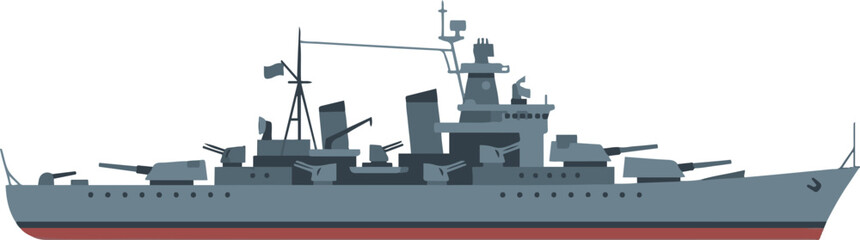 Vector illustration of a modern gray naval warship with radar systems, antennas, and deck guns sailing on the ocean in a flat cartoon style. © AI illustration 