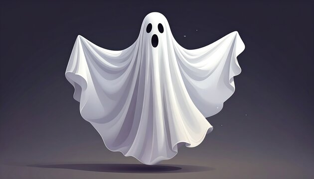 White sheet ghost hovers against a dark gray backdrop, casting a soft shadow underneath