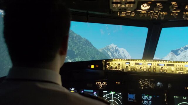 Male pilot engages in navigating airplane with steering wheel. Captain in uniform guides plane above mountains in morning