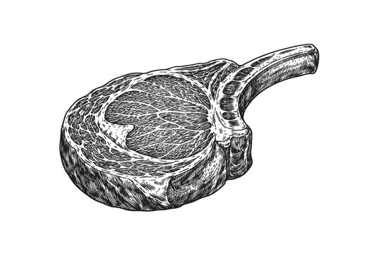 Raw Meat Steak Illustration in Vintage Woodcut Engraving Style