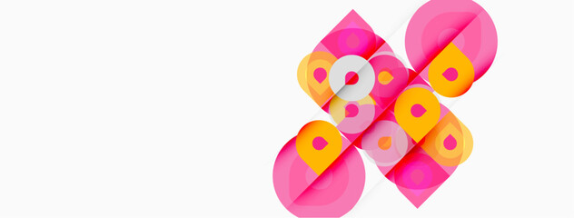 Naklejka premium Abstract geometric design. Overlapping circles, squares create dynamic composition. Pink, yellow, white hues dominate visual space.