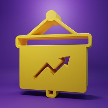 Yellow Presentation financial business board with graph, schedule, chart, diagram, infographic, pie graph icon isolated on purple background. Minimalism concept. 3D render illustration