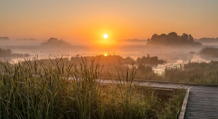 Fototapeta premium Sunrise Over Misty Wetland with Golden Light