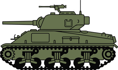 Flat vector illustration of a green military tank with turret and tracks in a simple cartoon style. © AI illustration 