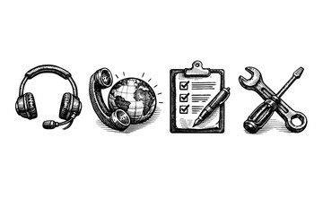 Vintage engraving support communication icons set collection woodcut style illustration