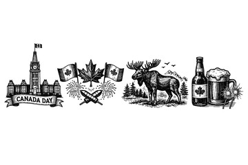 Obraz premium Canada Day Symbols and Landmarks Vector Illustration in Woodcut Style
