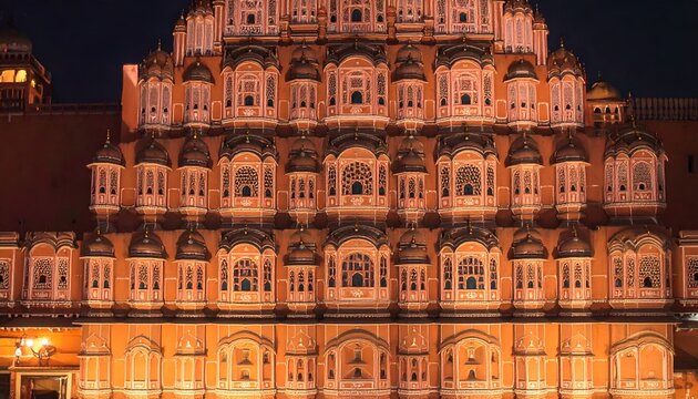 Ornate facade of an ancient building illuminated at night