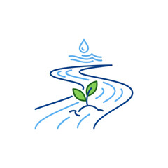 Water droplet irrigates plant sprout on winding river