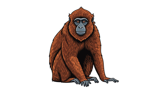 Realistic and detailed hand drawn illustration of a reddish brown monkey sitting calmly and looking forward against a clean white background.