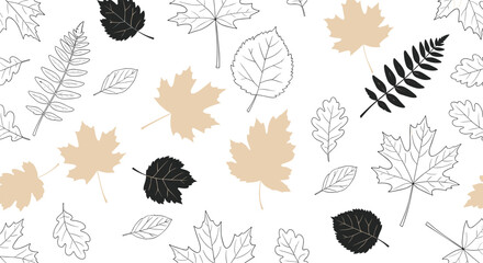 Obraz premium Elegant seamless pattern of diverse autumn leaves in black and beige colors including maple oak and fern on a white background for textile.