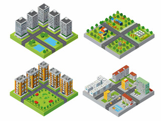 Isometric city blocks and buildings with roads and green spaces