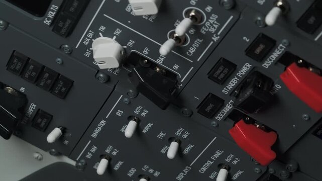 Pilot hand turns on switcher on control panel of aircraft. Backup power source for critical aircraft systems for safe flight