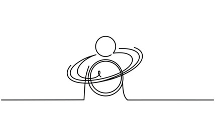 Continuous line drawing of a person embracing a planet with rings © mojaffor