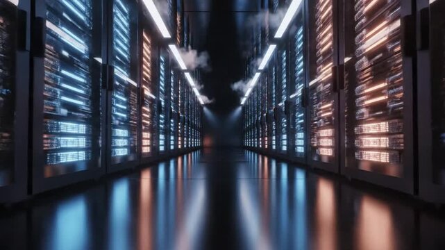 Illuminated server room with rows of glowing computer racks, showcasing advanced technology and data storage infrastructure