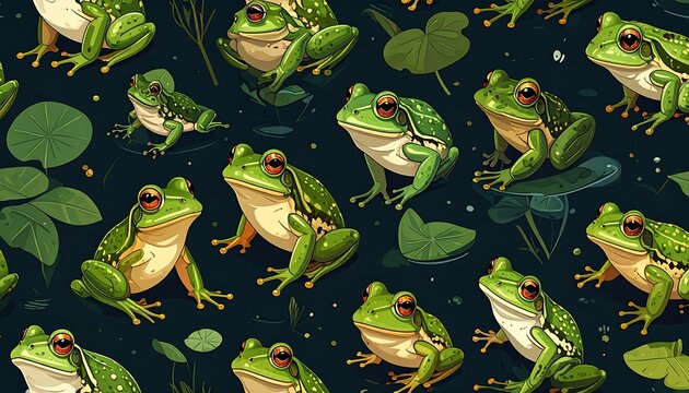 Vivid seamless pattern of green frogs among foliage and lily pads on a dark background