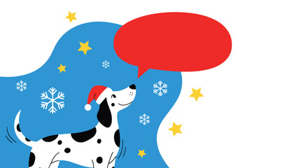 Fototapeta premium Adorable dalmatian dog wearing a red Santa hat standing in a snowy winter scene with a large red speech bubble.