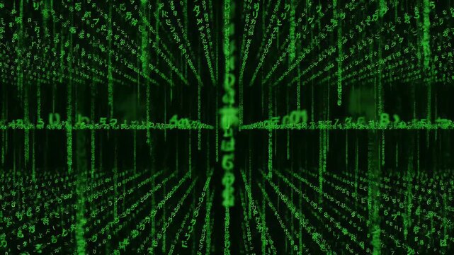 Digital Rain Code Matrix Effect with Green Binary Numbers Falling.