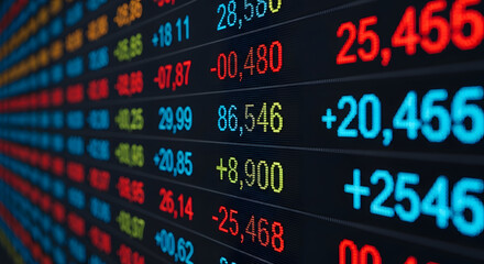 Fototapeta premium Digital display board showing financial market data with fluctuating numbers