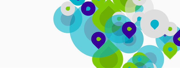 Abstract design features overlapping circles, varying shades green, blue, purple. Clean white background provides contrast, simple geometric shapes dominate composition.