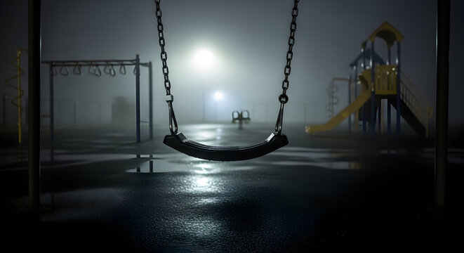An empty playground swing set at night in the fog