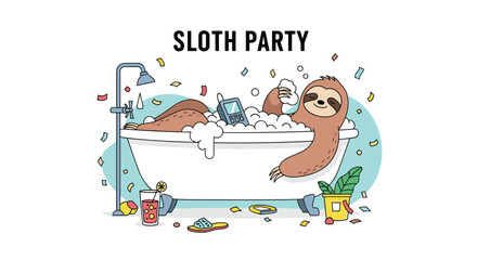 Fototapeta premium Cute sloth relaxing in a bubble bath inside a white tub with confetti falling around for a fun sloth party theme.