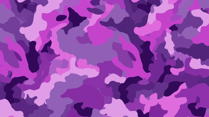 Seamless camouflage pattern in purple and violet hues for military design, viewed from directly above, showcasing abstract shapes and digital illustration.