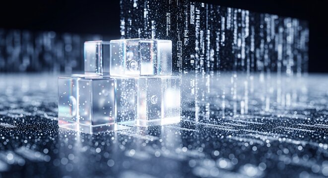 Glowing crystal cubes arranged in a futuristic pyramid on a reflective surface surrounded by cascading binary code in a dark environment viewed from a low angle