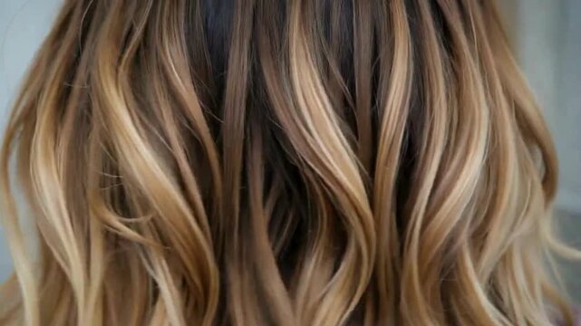 Close-up view of long, wavy hair with a mix of blonde and light brown highlights.	advertise video

