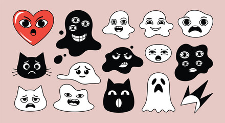 Obraz premium Fun set of quirky stickers featuring ghosts, cats, a heart, and various abstract blob characters with different expressions.