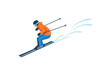 Fototapeta premium A skier in an orange jacket skiing down a snowy slope with ski poles in hand from a high vantage point
