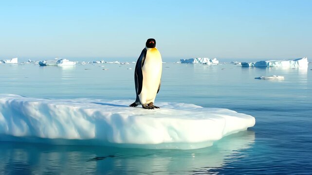 A solitary penguin stands on an iceberg in a serene polar landscape.