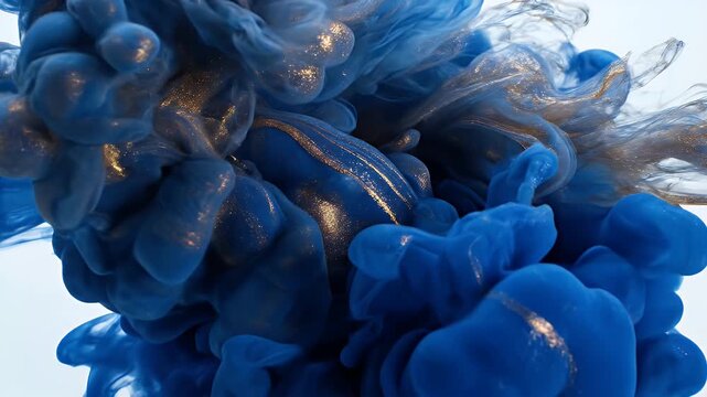 A dynamic abstract composition of swirling blue and gold liquids against a soft background