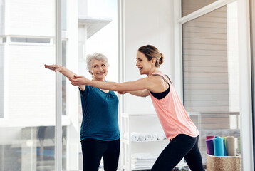Old woman, help and instructor in yoga class, stretching and happiness for technique. Trainer,...