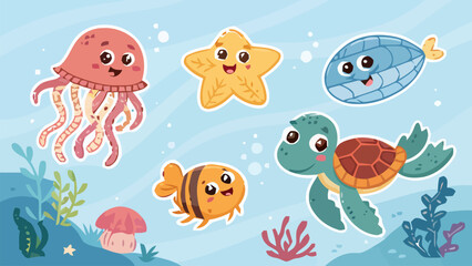 Colorful cartoon ocean animals swimming underwater with coral and seaweed