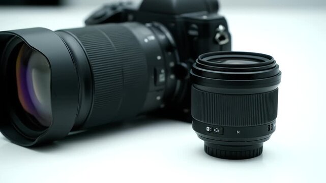 Close-up of a camera and interchangeable lens on a clean surface.