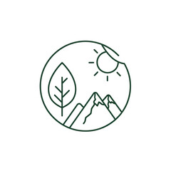 Obraz premium Simple circular nature logo with leaf mountains and sun