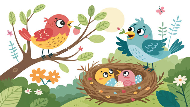 Playful woodland birds family vector set with frie colorful illustration of mother bird and chicks in nest on branch
