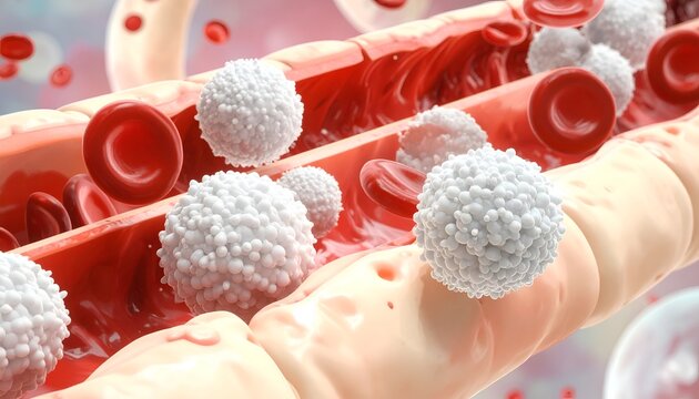 Close-up view of blood cells flowing through a blood vessel