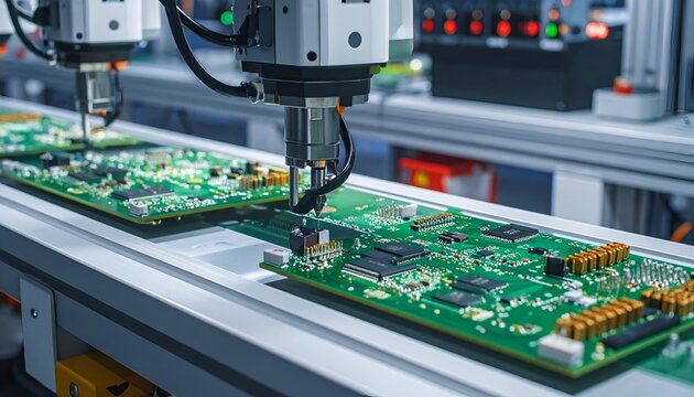 Automated robotic arms assemble electronic circuit boards on a production line