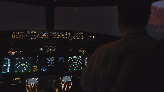 Male pilot navigates airplane with steering wheel turning thrust lever. Captain in dark cockpit guides plane during lightning at night