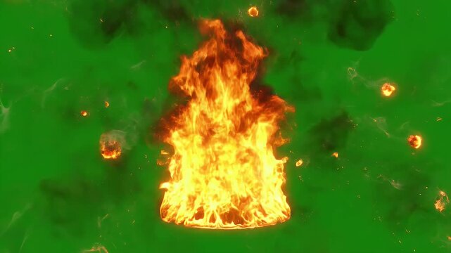 Fiery flames erupt from a base against a verdant green backdrop, with embers floating