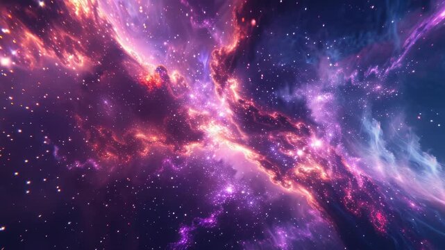 Vibrant cosmic swirls glow in deep space. Purple and pink nebulae pulse with starlight. Twinkling stars scatter across the vast expanse. Dynamic interstellar clouds drift through darkness