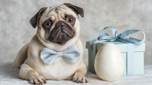 Pug in bow tie with ribbon-wrapped egg gift beside it