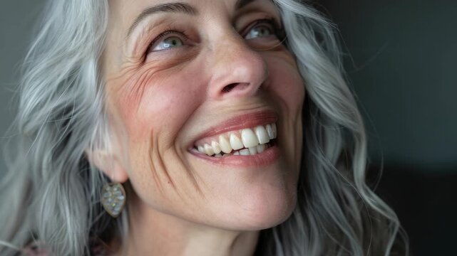 Warm smile lights up her face. Silver waves frame her joyful expression. Genuine delight radiates from her eyes. She laughs softly, capturing pure happiness. Elegant earrings catch the gentle light